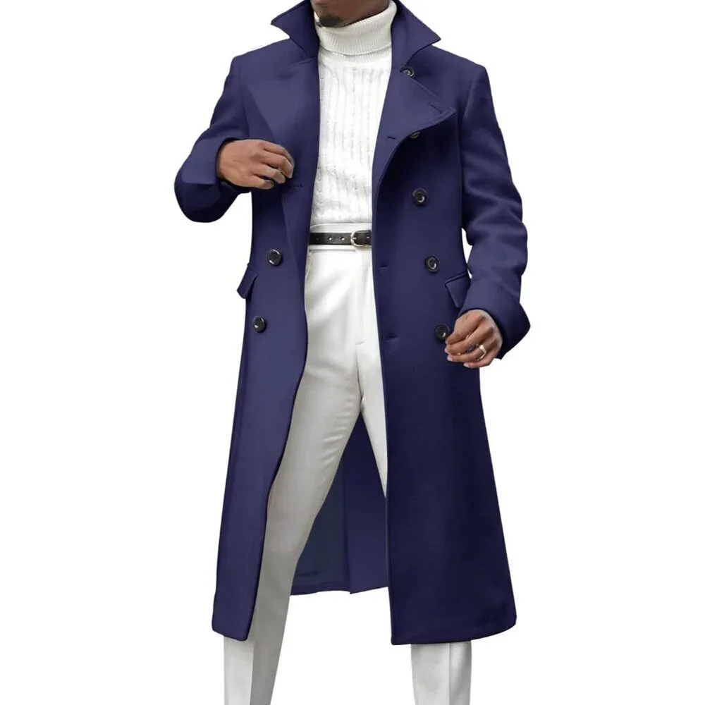 Men's Navy Blue Notch Lapel Double Breasted Trench Coat Cotton Blend Pea coat